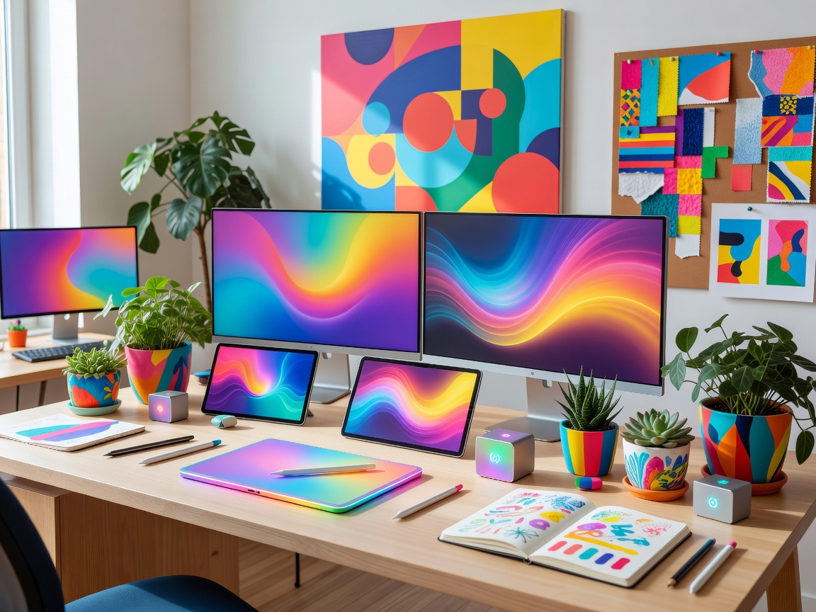 Colorful creative design workspace representing Canva AI video and design tools